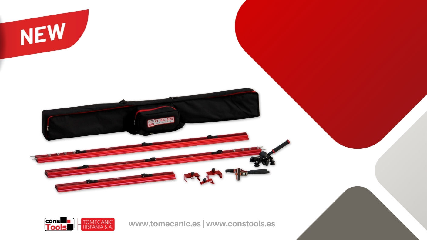 Constools — Tomecanic Hispania S.A. — Manual cutter for large-format porcelain slabs with multi-wheel cutting head and modular rail system.