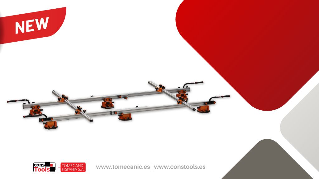 Constools — Tomecanic Hispania S.A. — Adjustable aluminum transport frame with suction cups for safe handling of large-format construction materials.