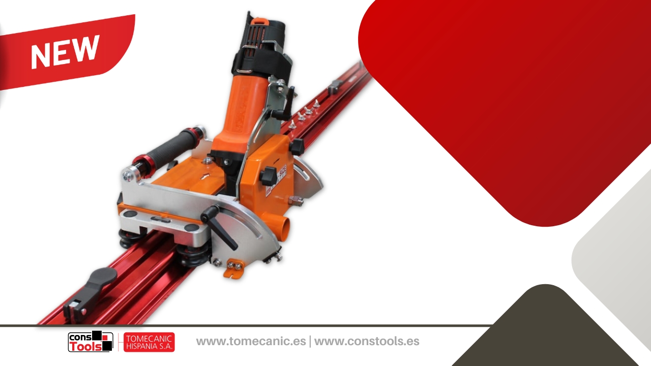 Constools — Tomecanic Hispania S.A. — Large-format porcelain circular saw with aluminium guide rail and 125 mm diamond blade