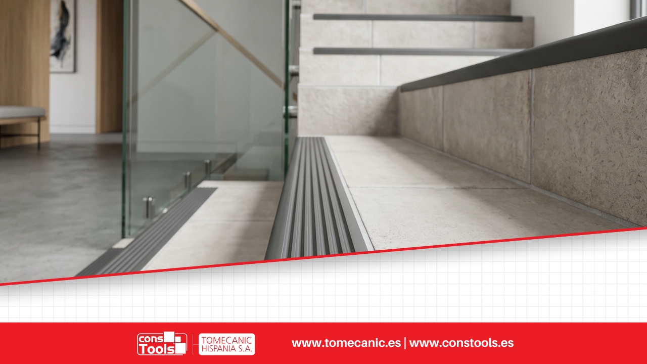 Constools — Tomecanic Hispania S.A. — Stair nosing profile with anti-slip surface for safe, durable and professional ceramic stair finishes.