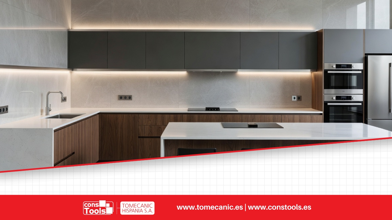 Constools — Tomecanic Hispania S.A. — LED strip profile for integrated lighting in tiled floors and walls with professional architectural finishes.