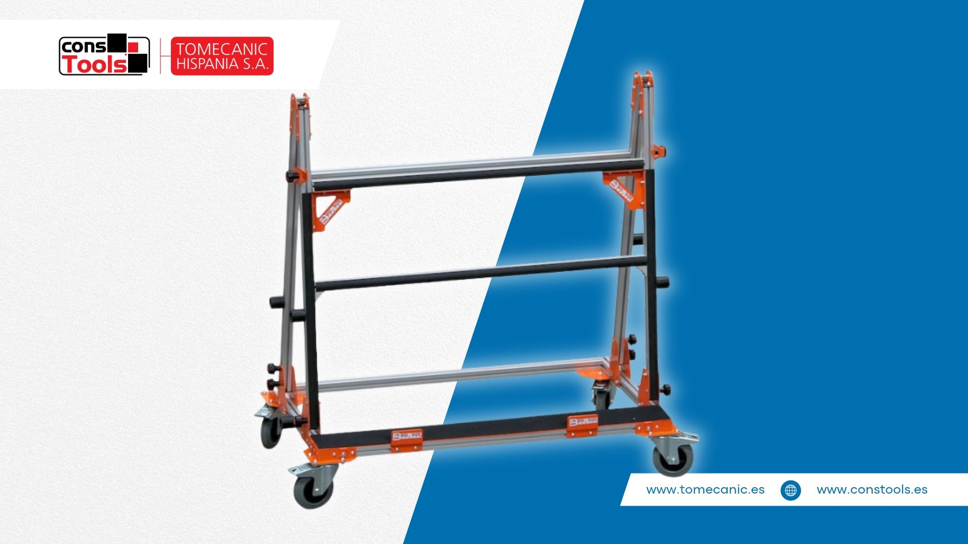 Constools — Tomecanic Hispania S.A. — CT-BIG SIZE transport trolley and adjustable frame for stable handling and transportation of large-format porcelain slabs.