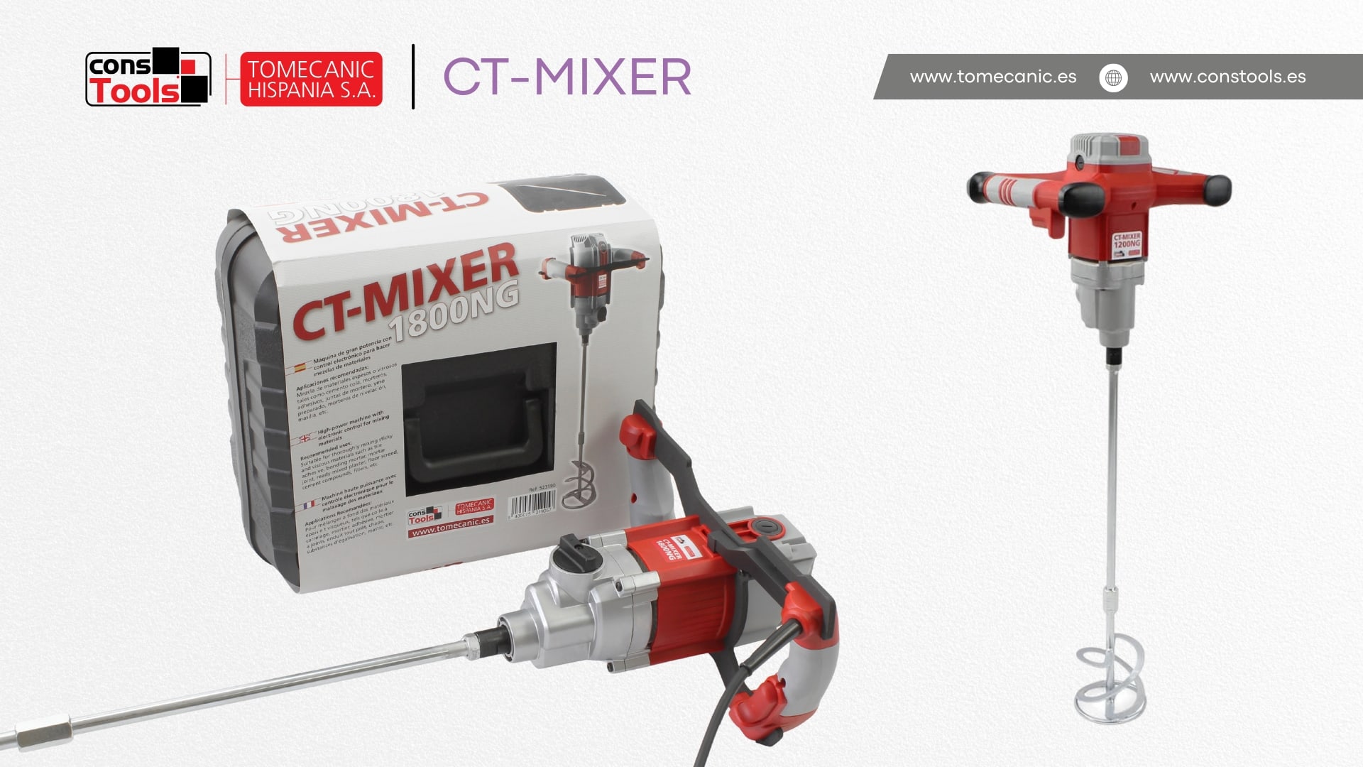 Constools — Tomecanic Hispania S.A. — CT-MIXER electric mixer for homogeneous preparation of mortars, cement adhesives, and construction compounds.