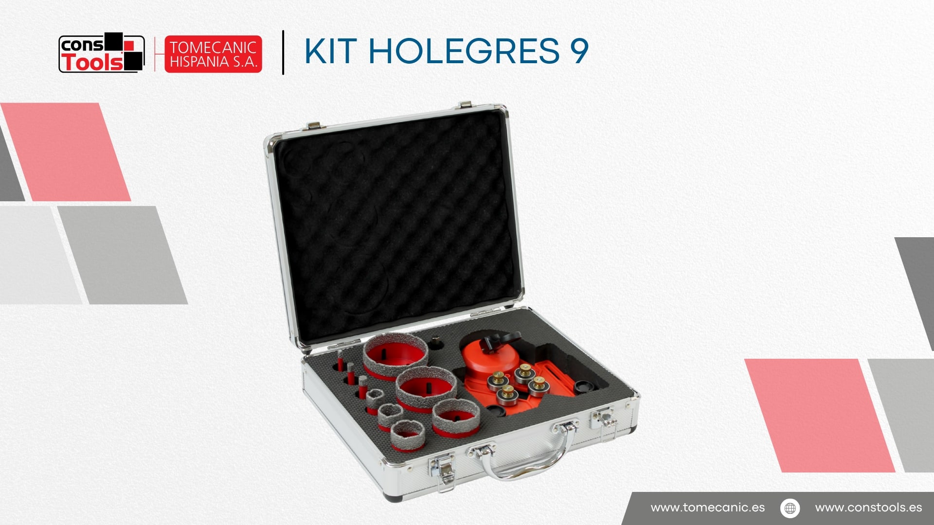 Constools — Tomecanic Hispania S.A. — HOLEGRES diamond drill kit for precise dry drilling in porcelain tiles and ceramic installations.
