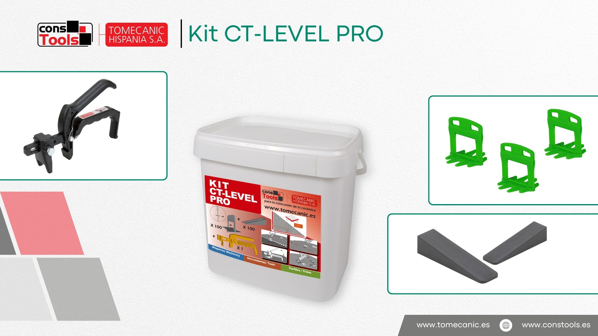 Constools — Tomecanic Hispania S.A. — CT-LEVEL PRO tile leveling system with clips, wedges and pliers for perfectly aligned ceramic and porcelain tiles.
